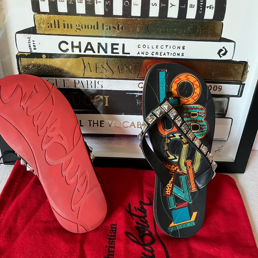 Christian Louboutin Montezazou Silver Studded Flip Flop In Black/ Multicolor